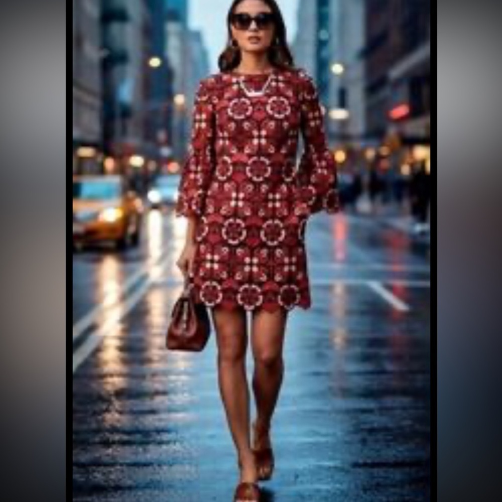 Trina Turk Red Floral Lace Long Sleeve Shift Dress